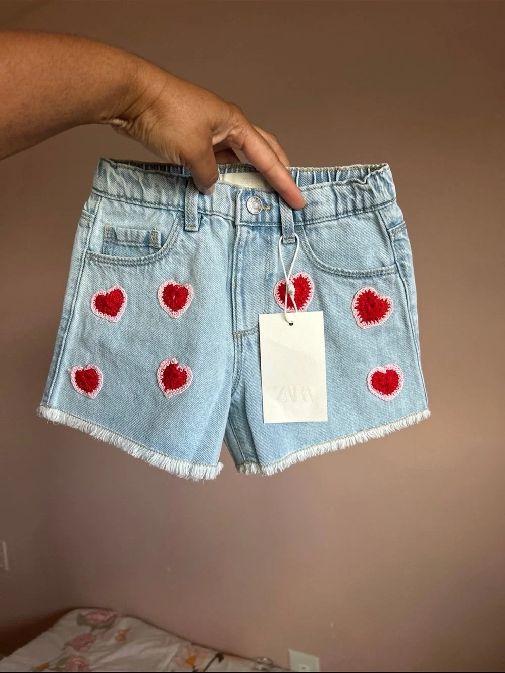 Zara Light Blue Denim Shorts with Red Heart Appliqués